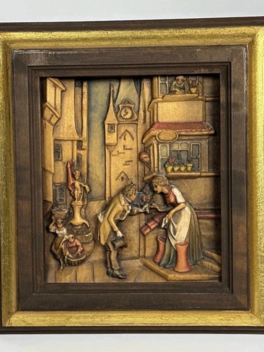 Anri Carl Spitzweg Relief Wood Carving Wall Plaque 3D Framed Sculpture